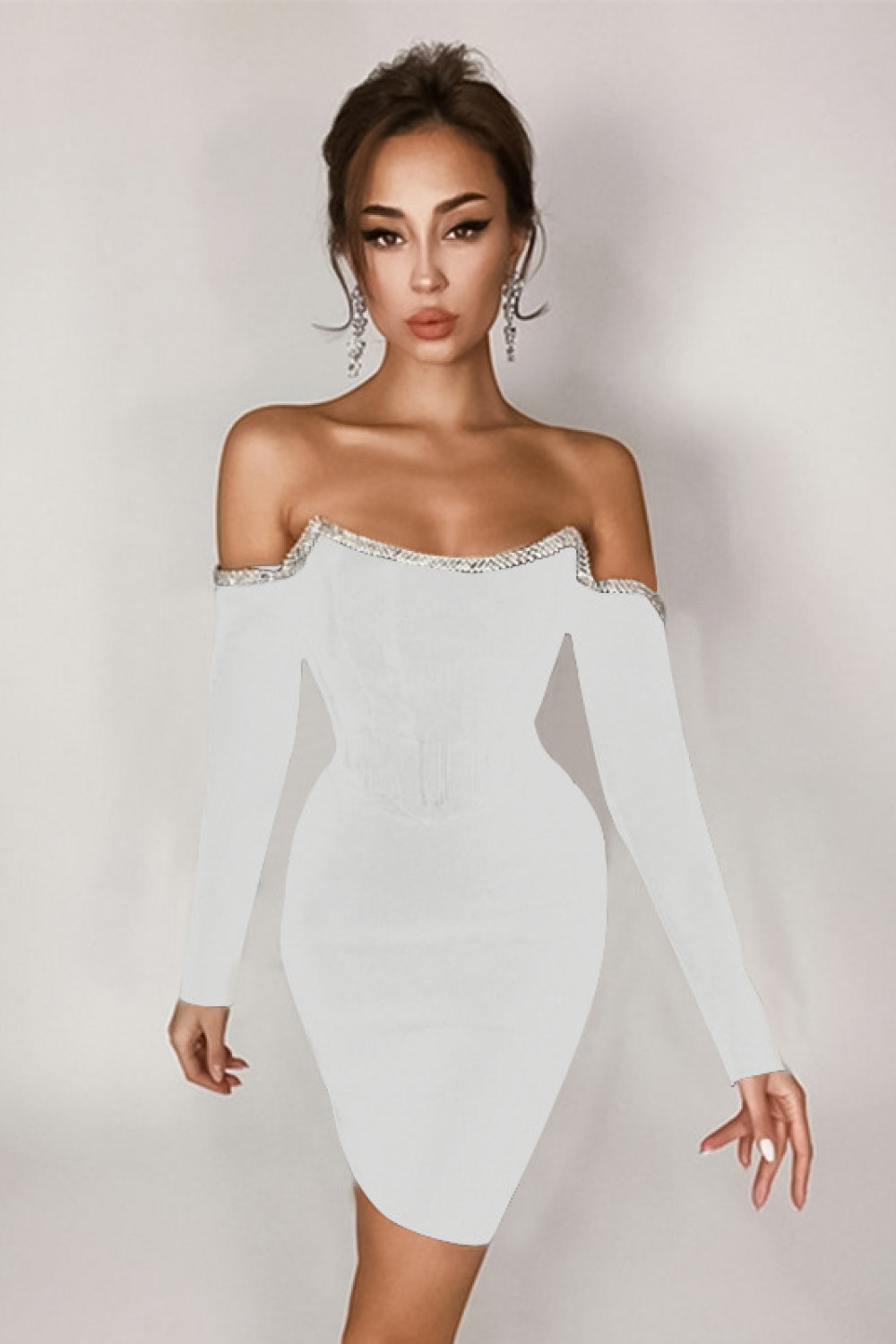 rhinestone trim off-shoulder bandage dress