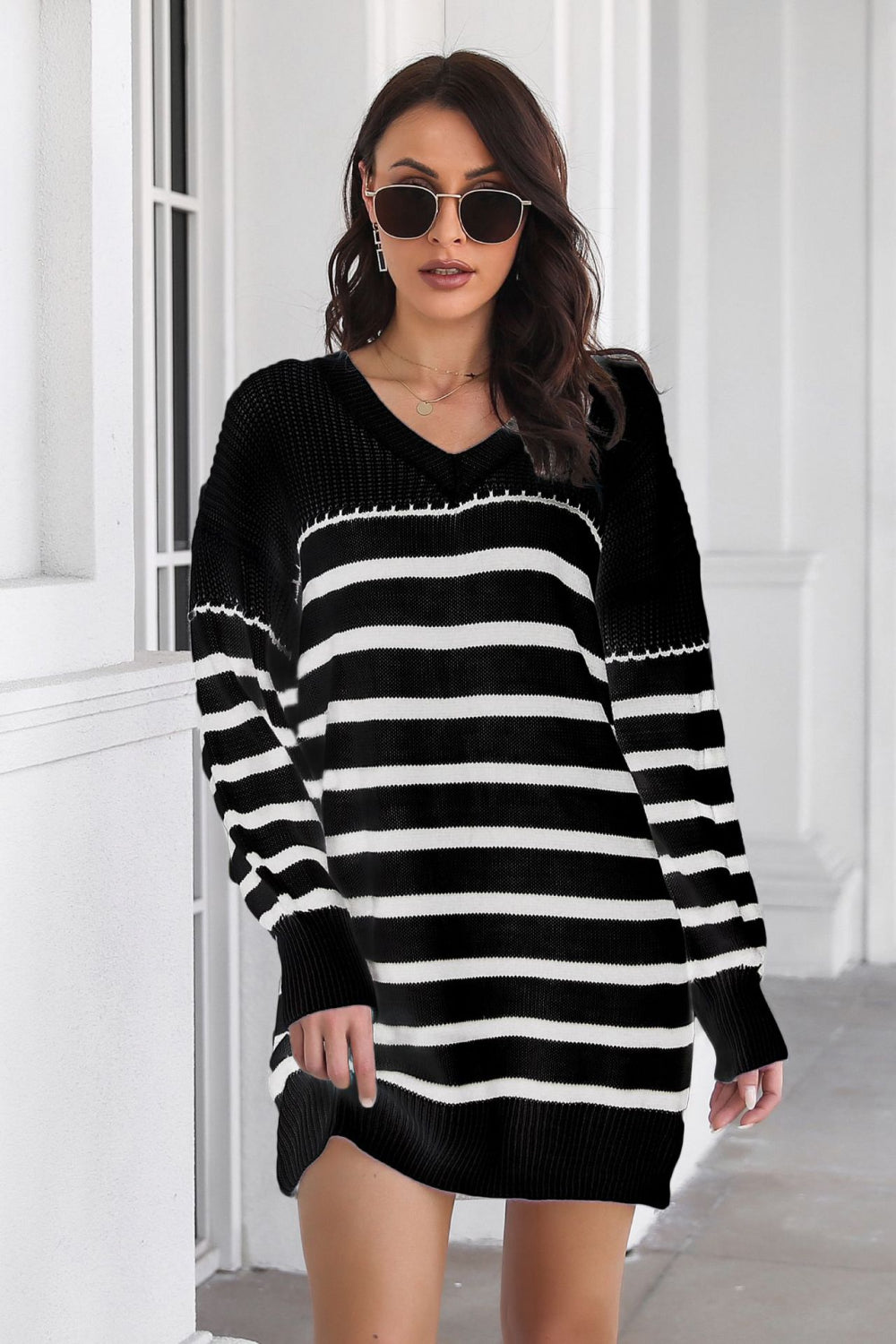 striped v-neck drop shulder sweater dress