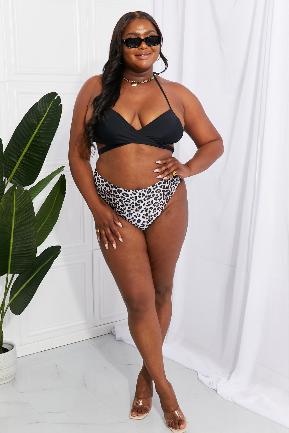marina west swim summer splash halter bikini set in black