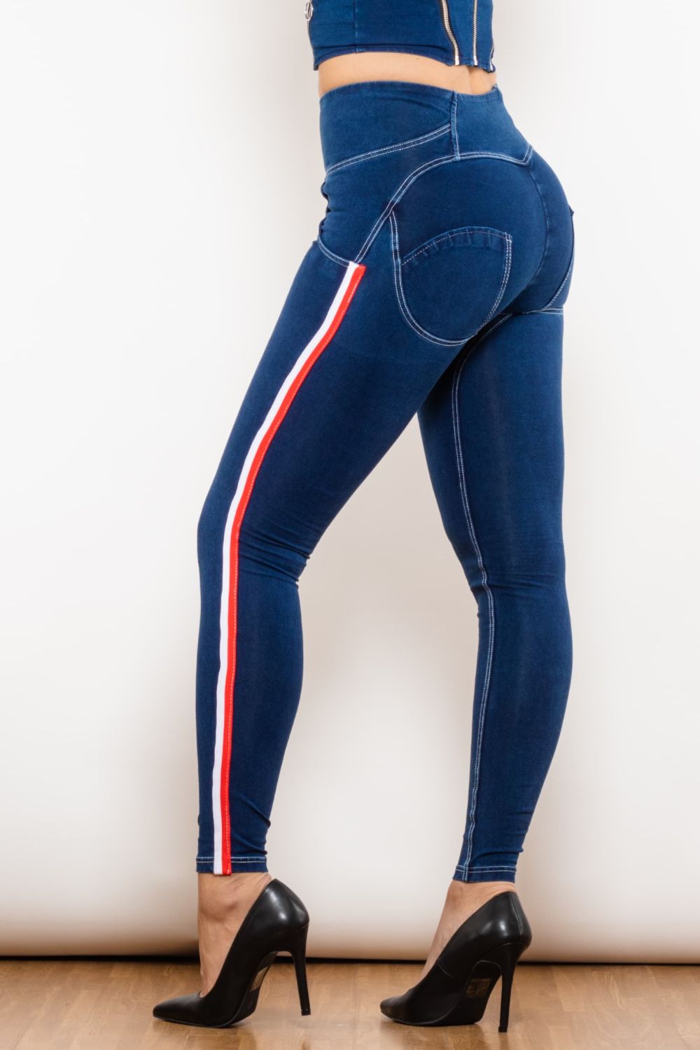 side stripe buttoned high waist skinny jeans