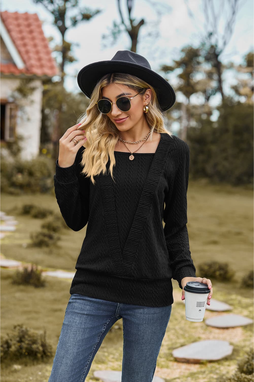 square neck long sleeve blouse