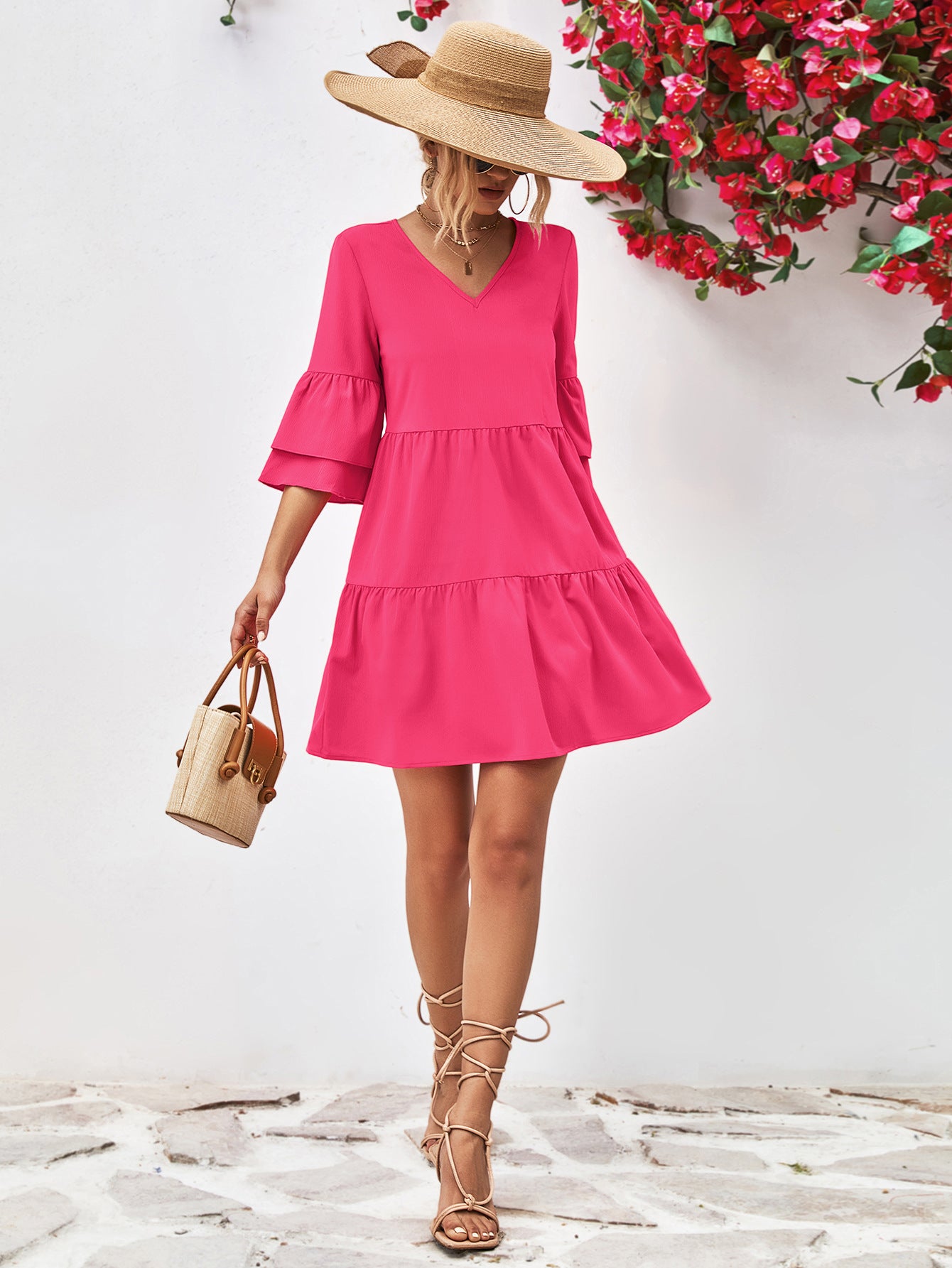 v-neck flare sleeve mini dress