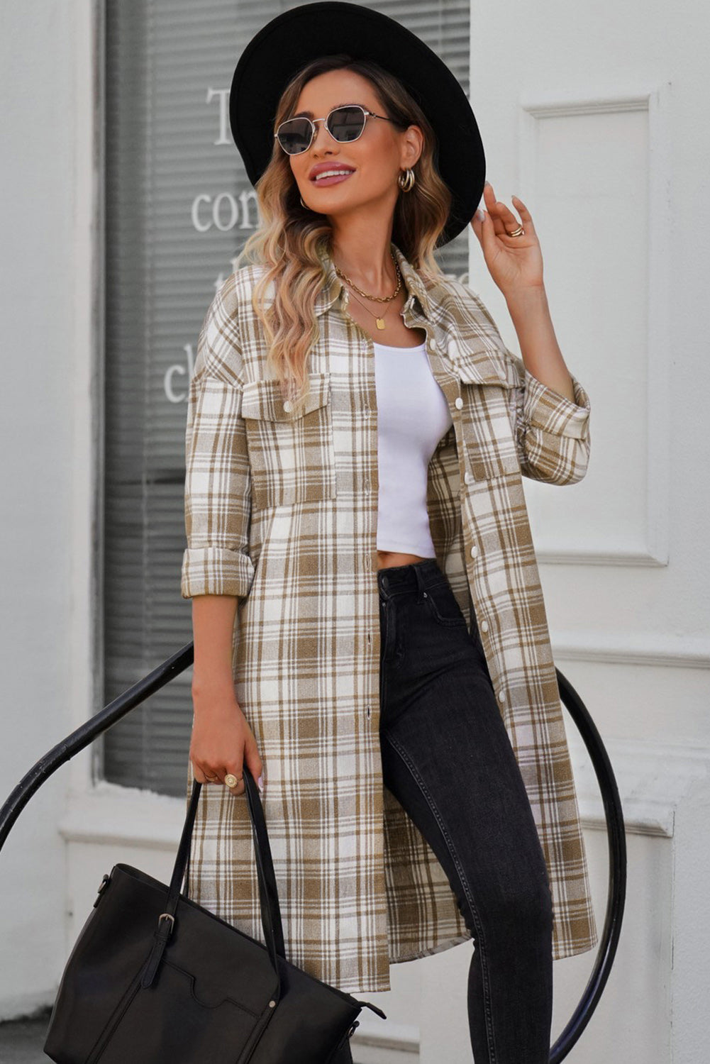 double take plaid button-up longline shacket with breast pockets