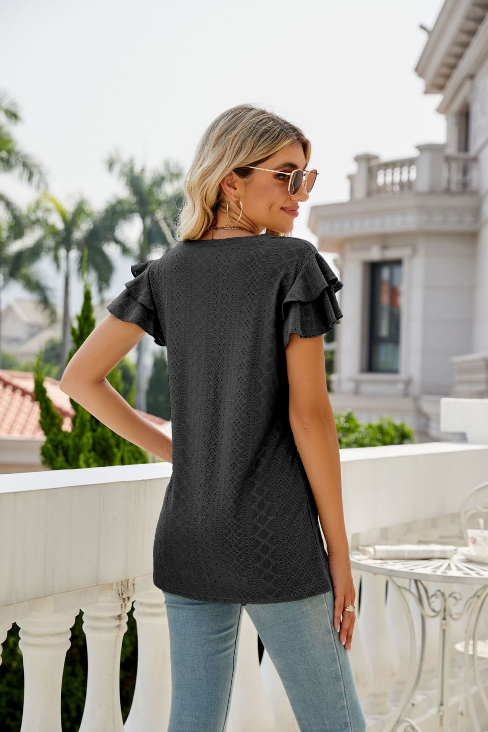 eyelet layered flutter sleeve v-neck top