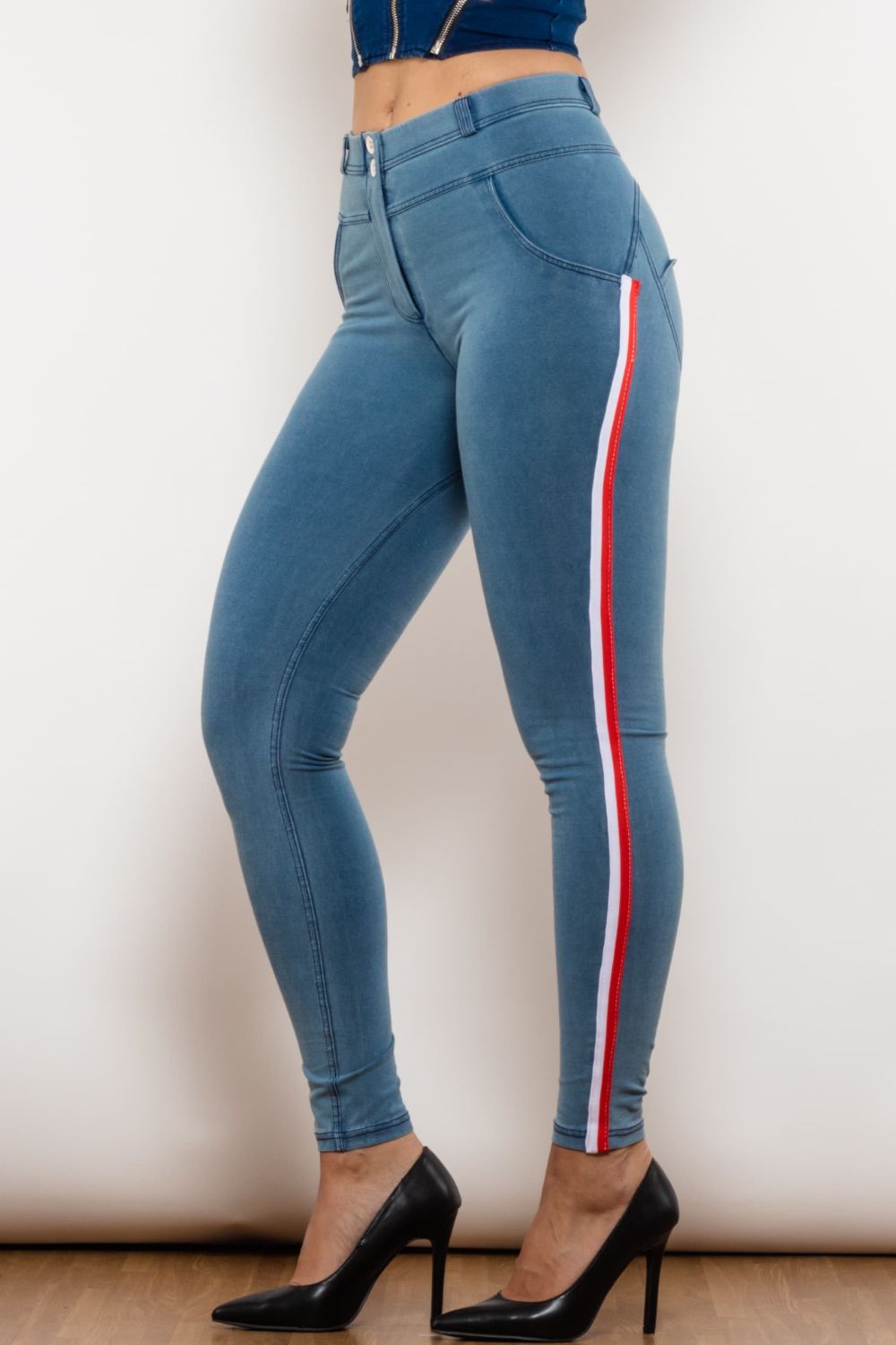 side stripe contrast buttoned skinny jeans