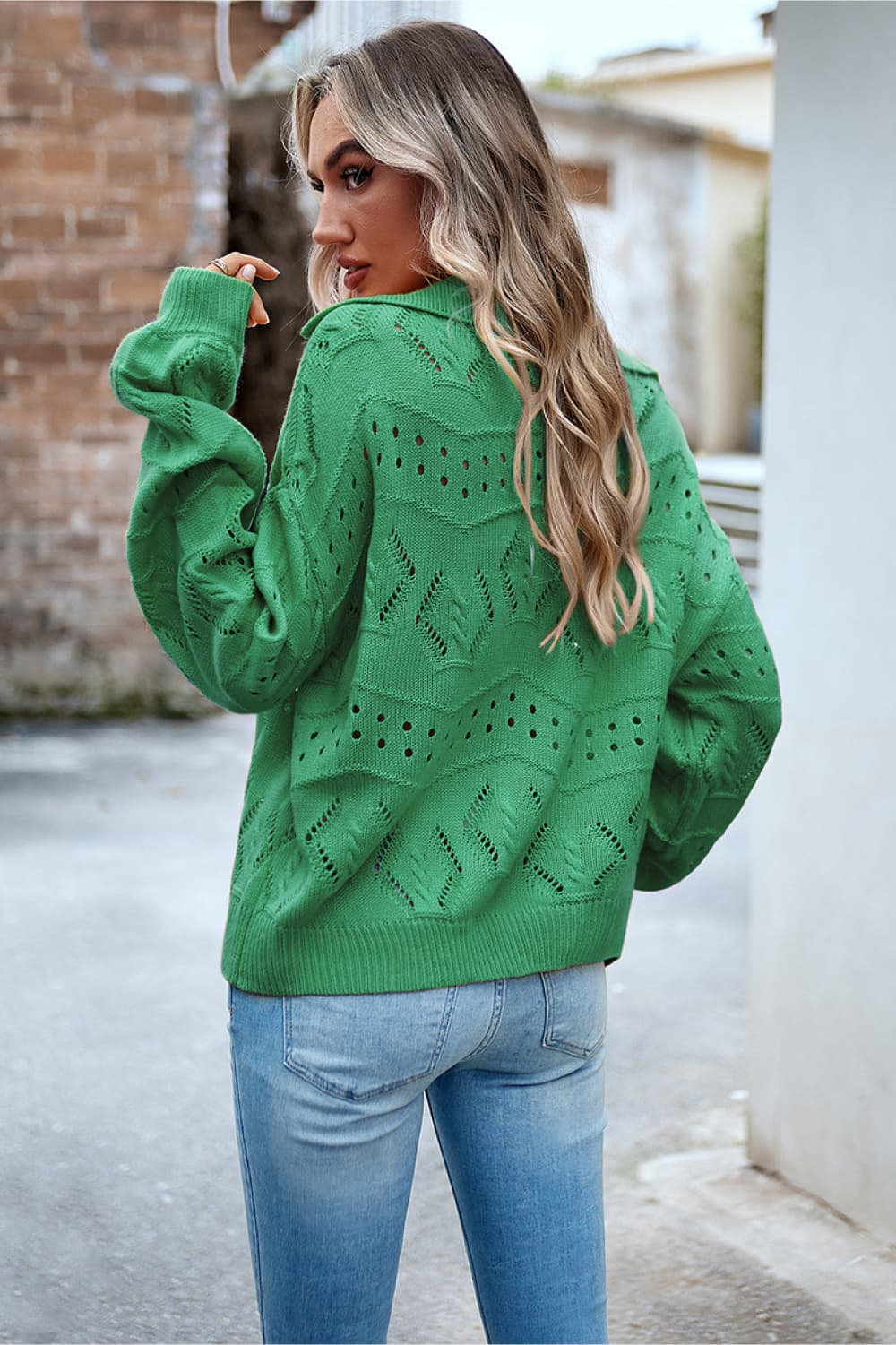 openwork long sleeve notched neck sweater