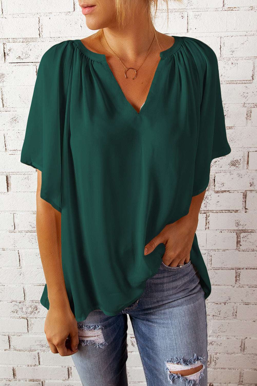 gathered detail notched neck flutter sleeve top