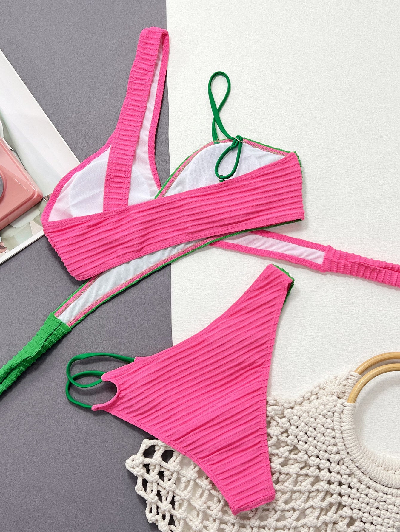 contrast one-shoulder two-piece swim set