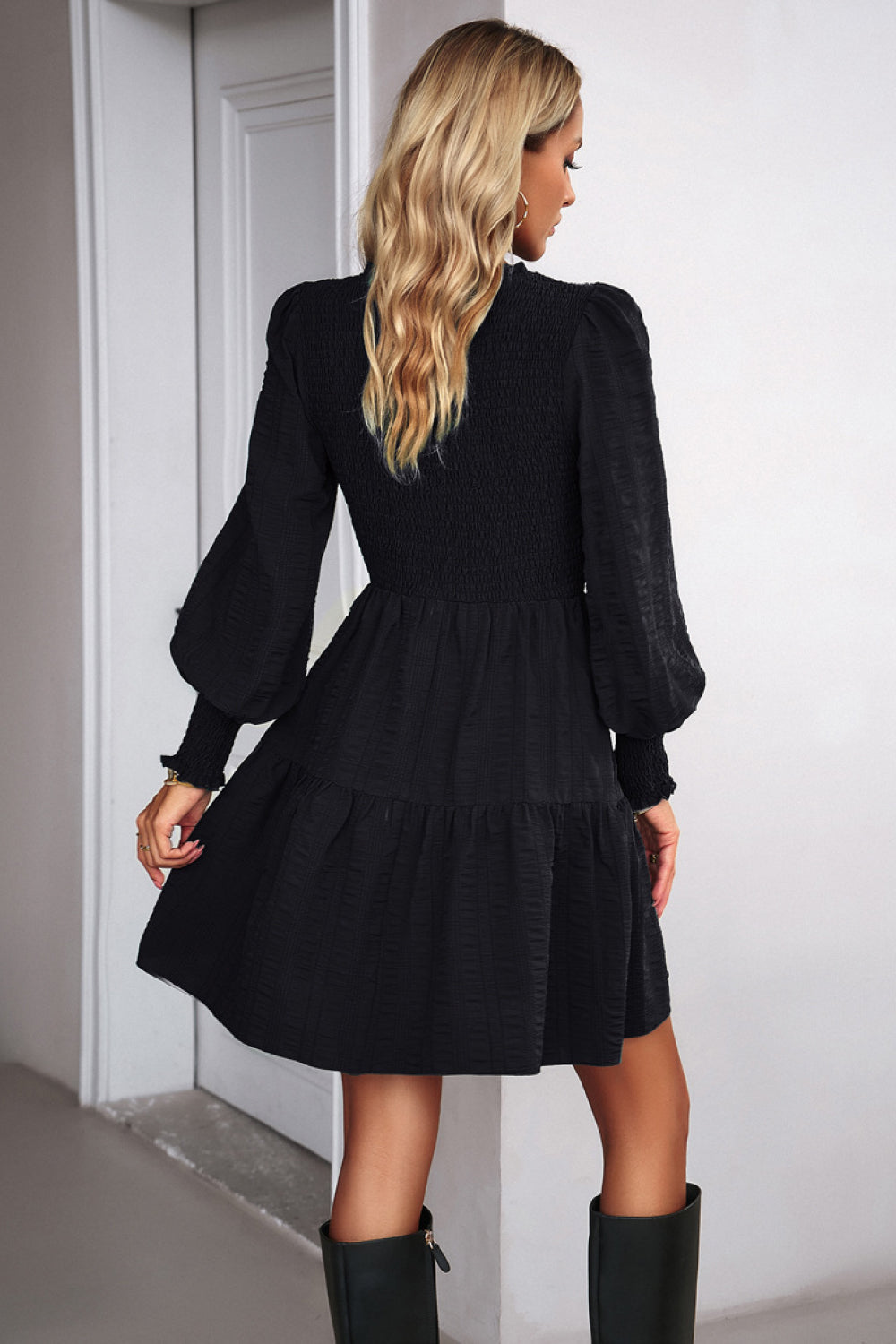 smocked lantern sleeve mini dress