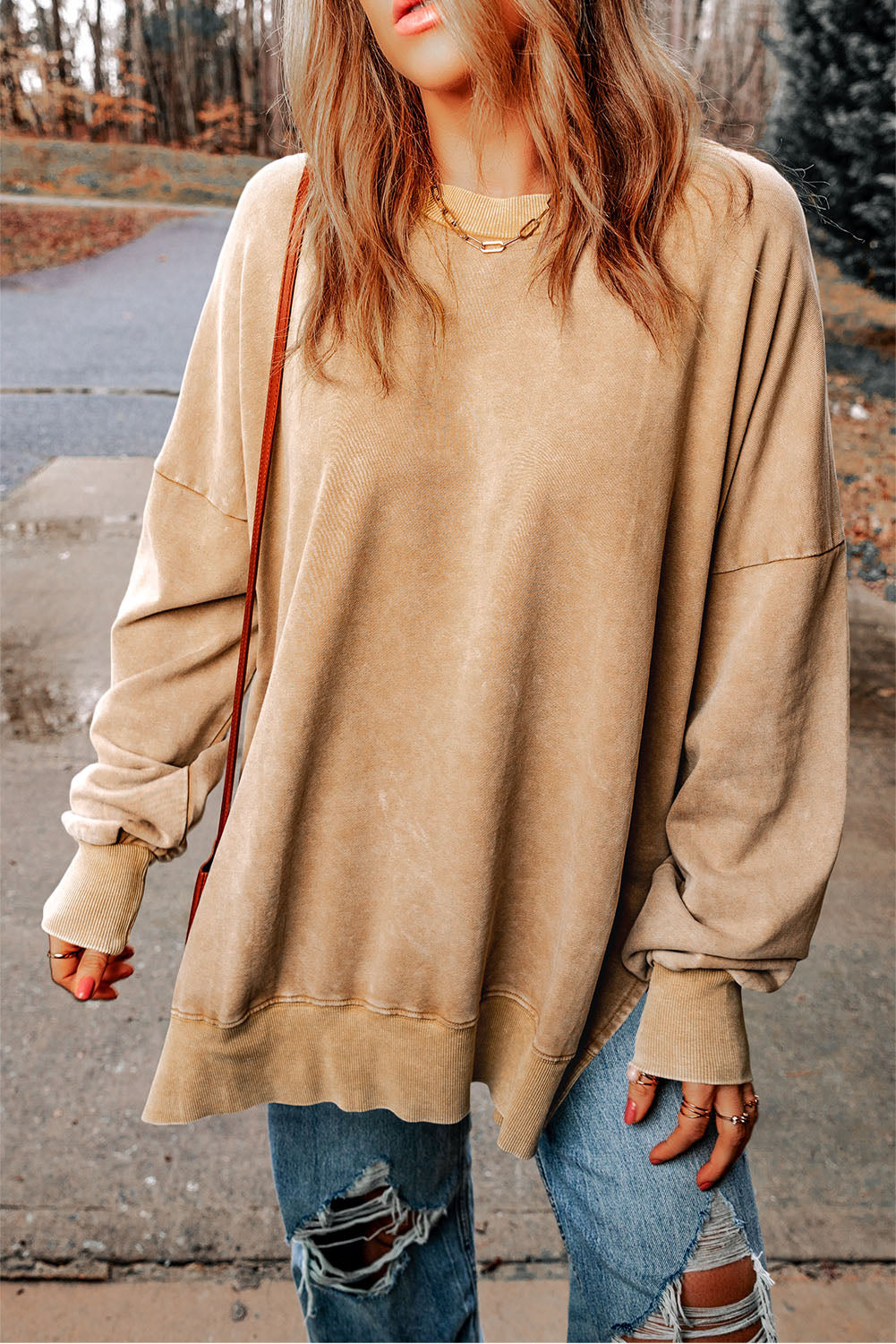 dropped shoulder round neck long sleeve blouse