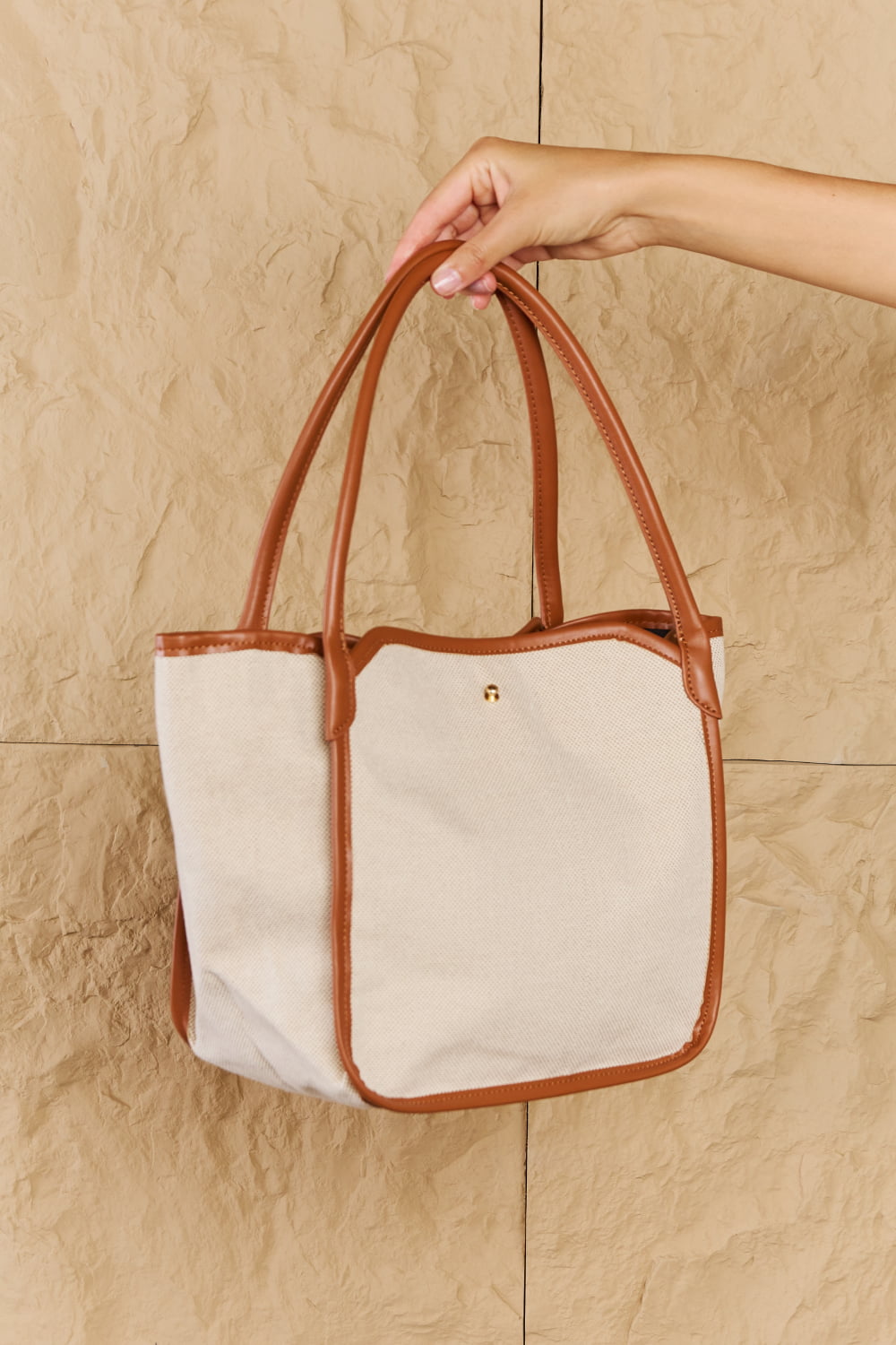 fame beach chic faux leather trim tote bag in ochre