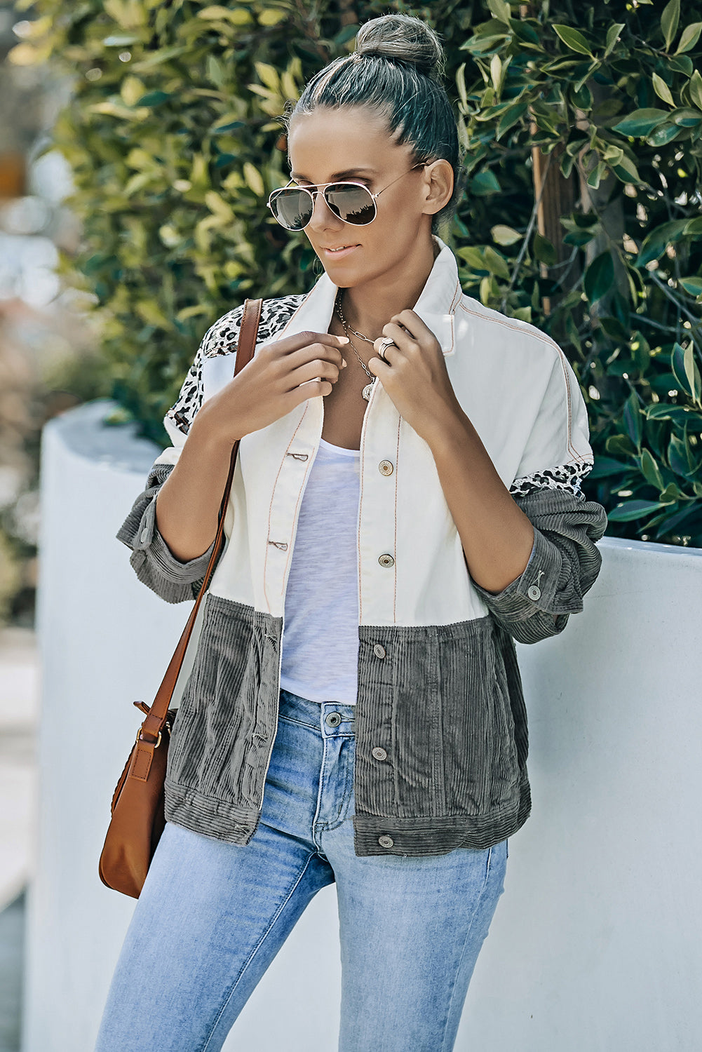 leopard color block button-up corduroy shacket