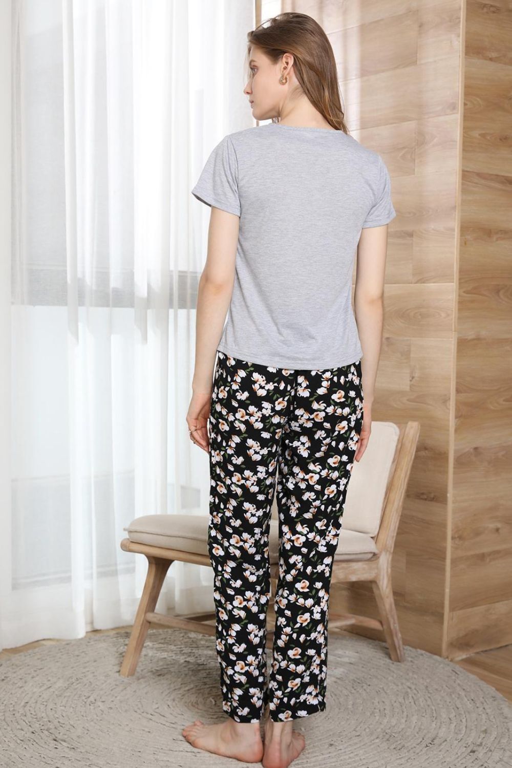 round neck t-shirt and floral pants lounge set