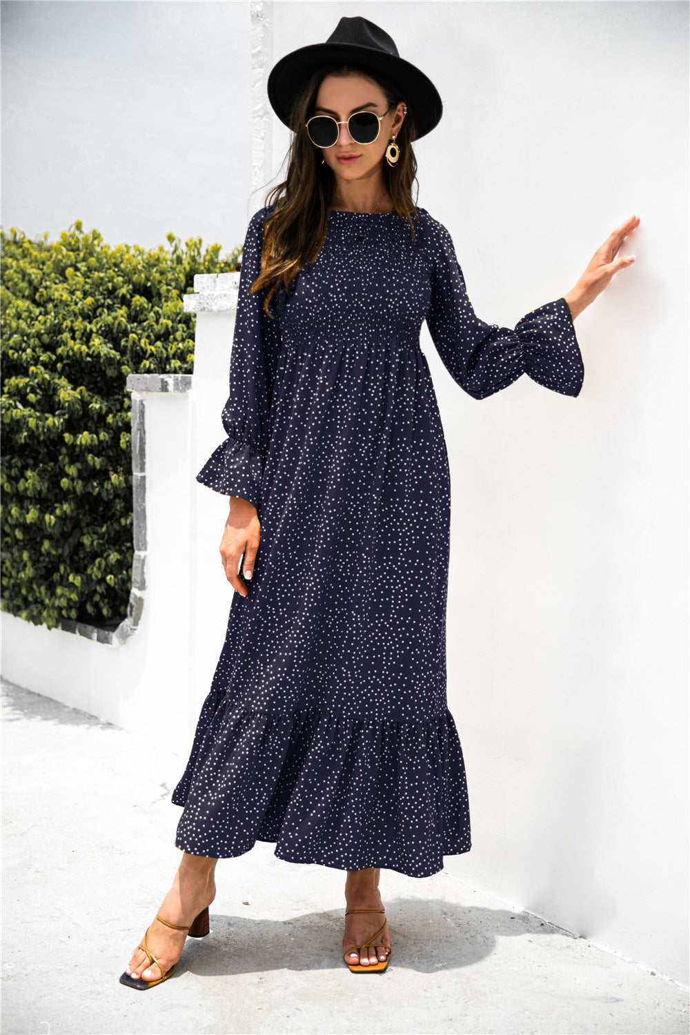 printed puff sleeve ruffle maxi dress