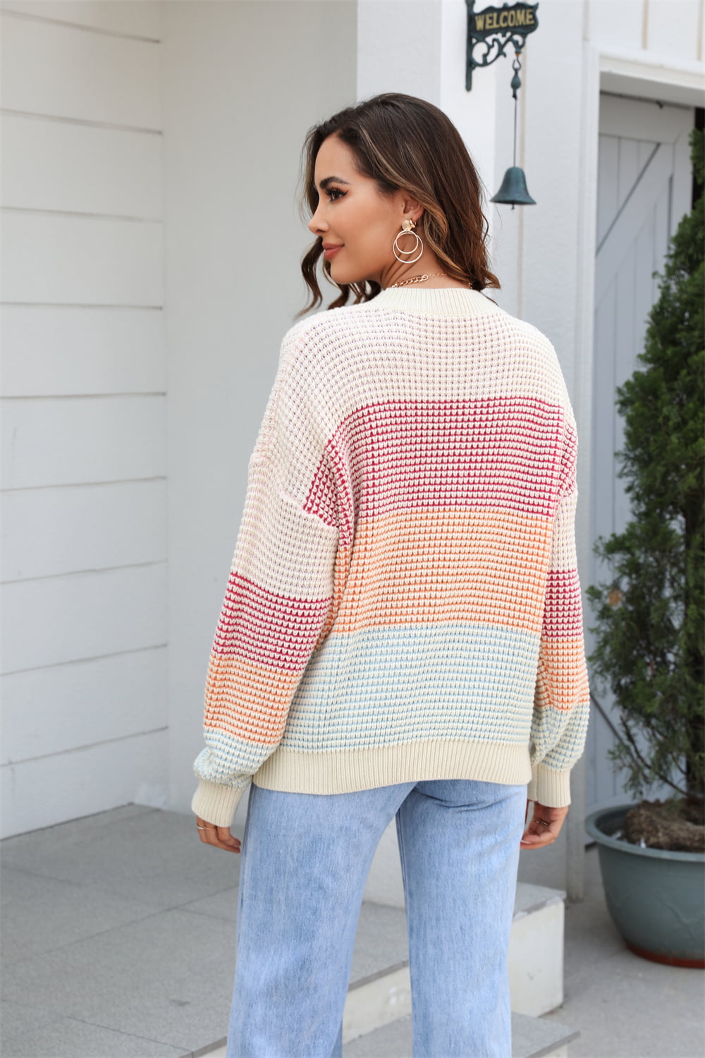 waffle-knit round neck dropped shoulder color block sweater