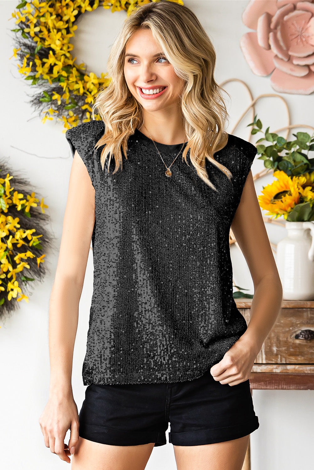 sequin round neck capped sleeve tank
