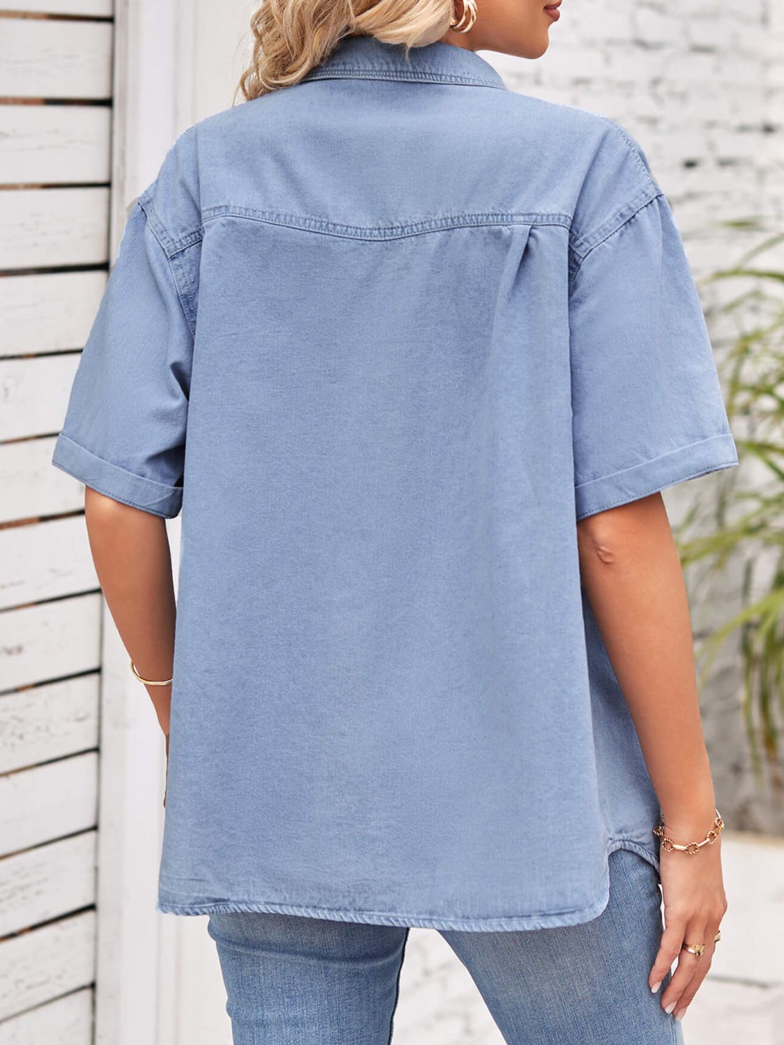 collared neck short sleeve denim jacket