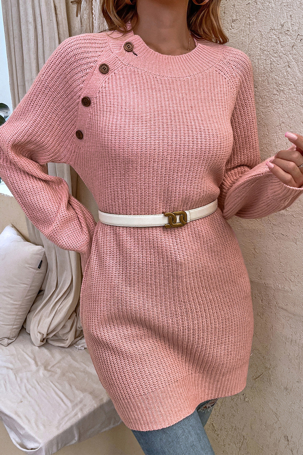 round neck button detail ribbed sweater