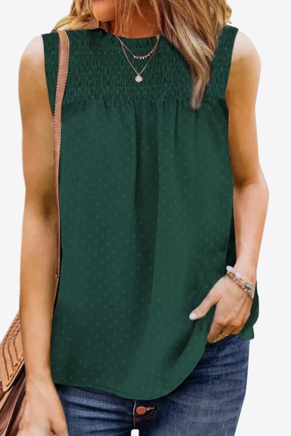 smocked tie back frill trim tank