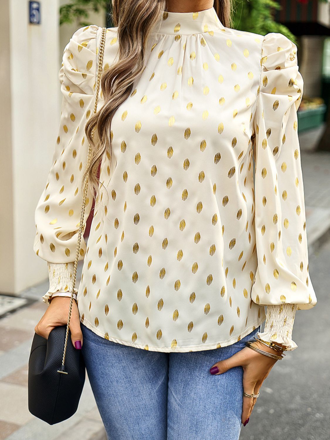 printed mock neck lantern sleeve blouse