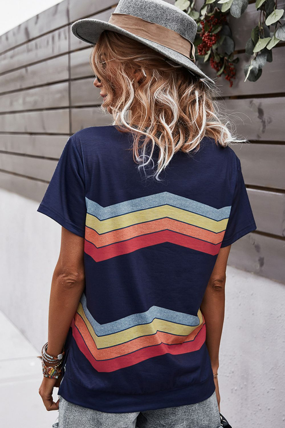 multicolored chevron stripe round neck side slit t-shirt