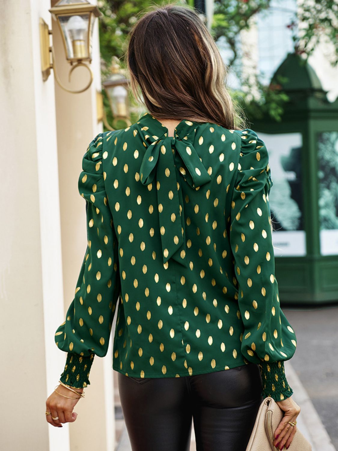printed mock neck lantern sleeve blouse