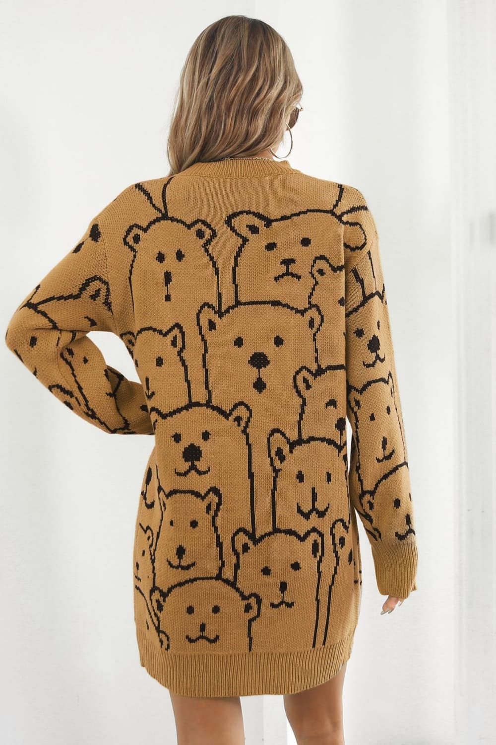 bear pattern round neck sweater dress