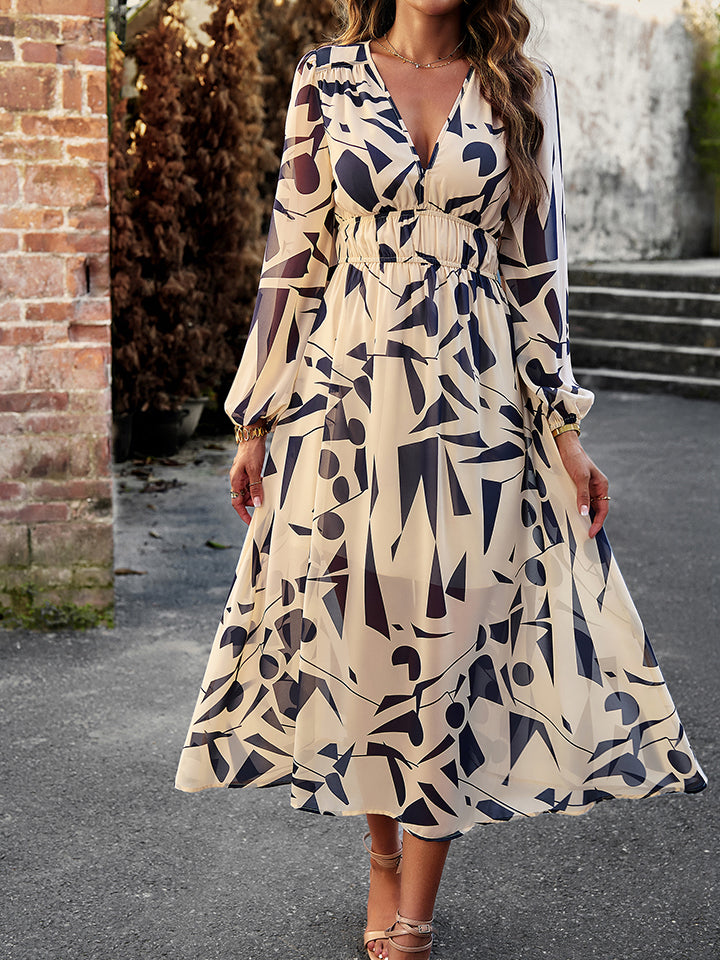 printed v-neck long sleeve midi dress