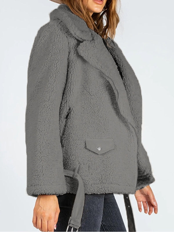 zip-up belted sherpa jacket