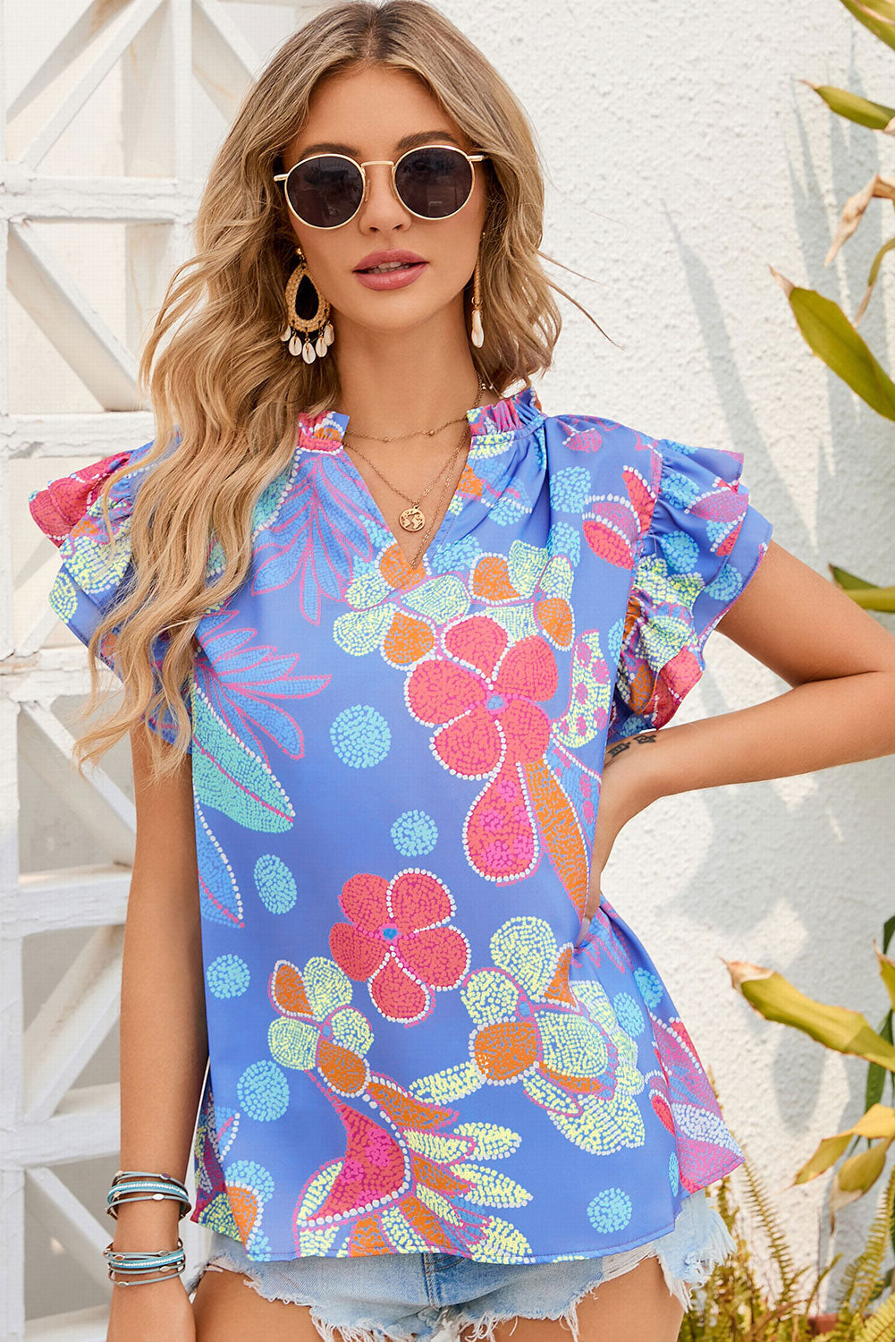 floral notched neck flutter sleeve blouse