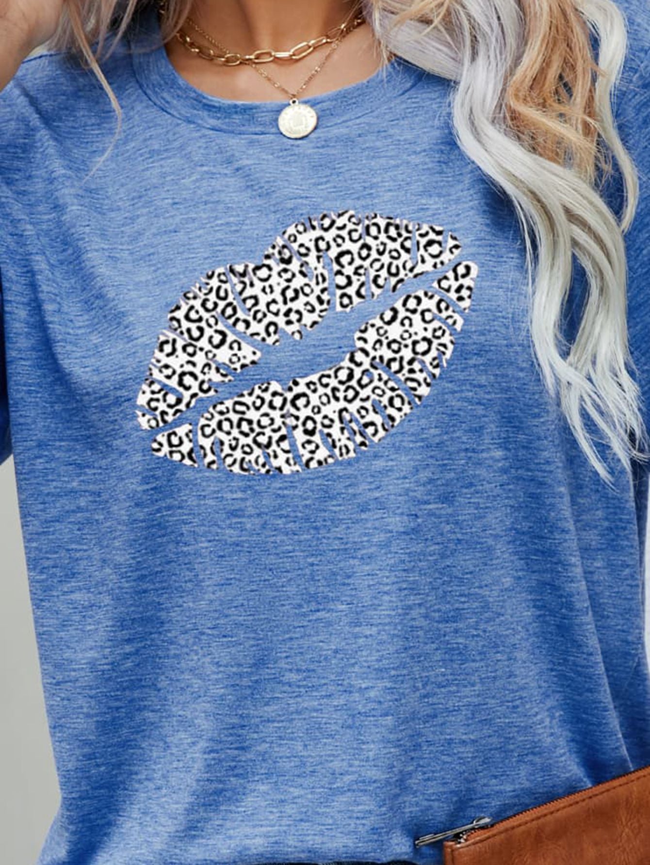 leopard lip graphic round neck tee