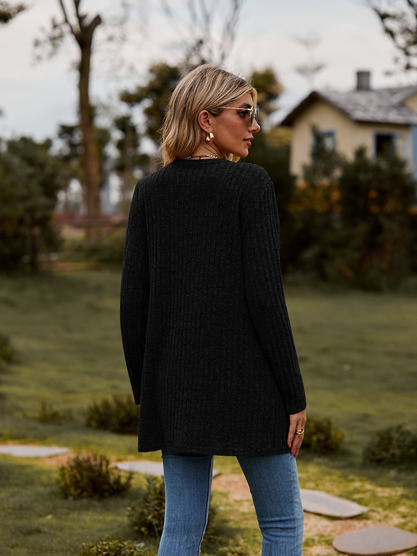 ribbed button-up cardigan with pockets