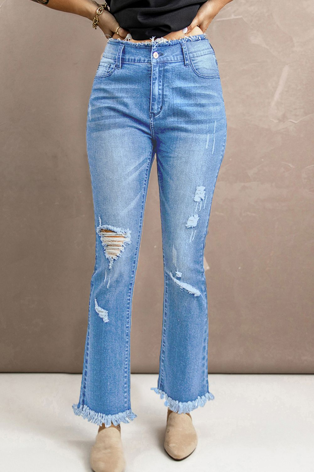 baeful high waist distressed raw hem jeans