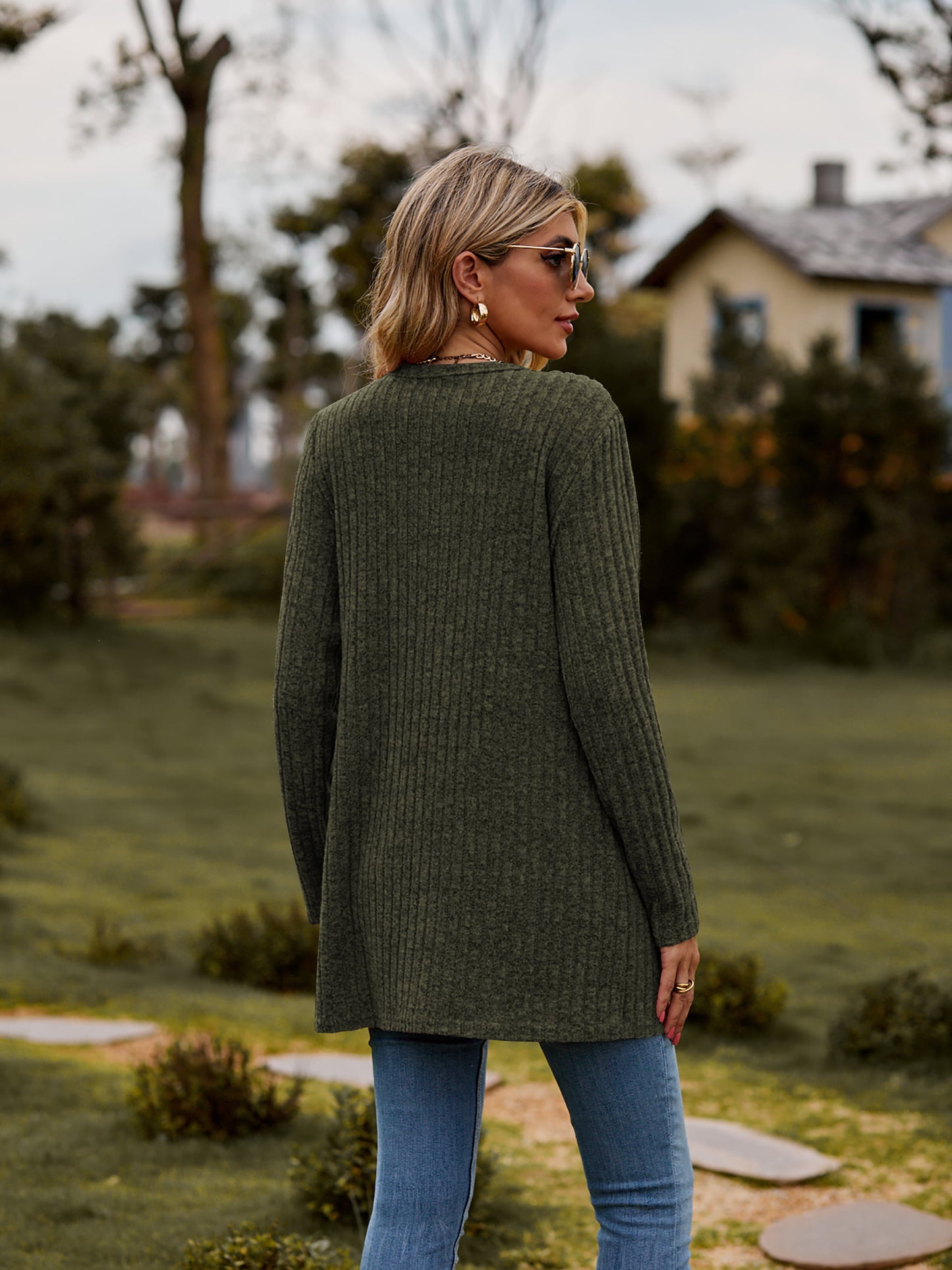 ribbed button-up cardigan with pockets