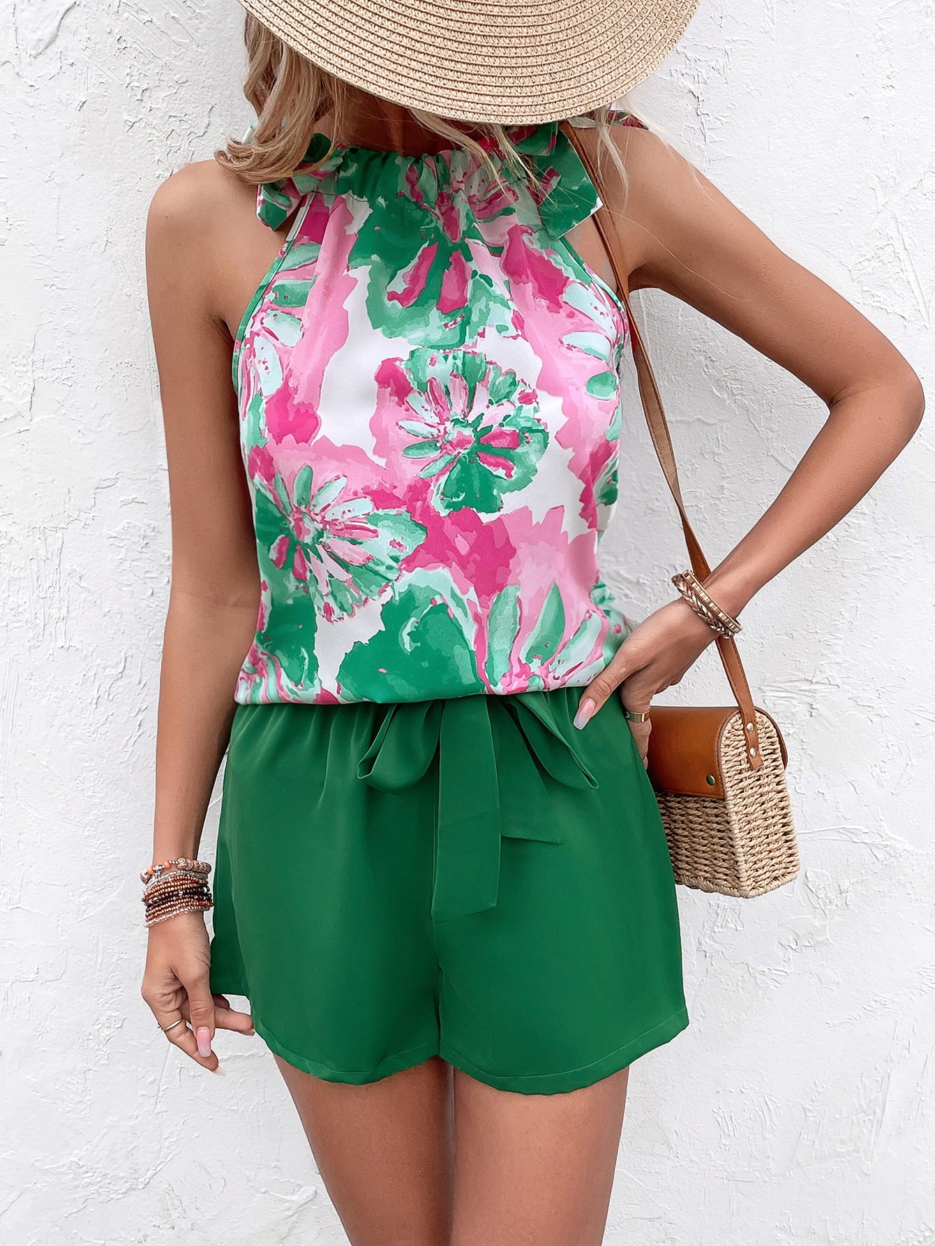 floral tied round neck tank