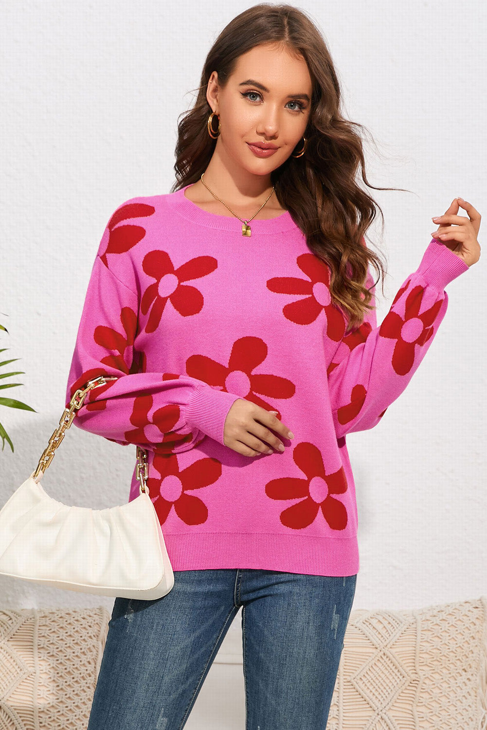 floral print round neck dropped shoulder sweater