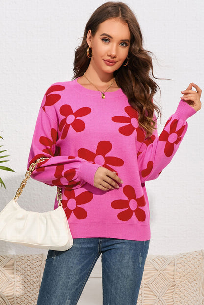 Floral Print Round Neck Dropped Shoulder Sweater