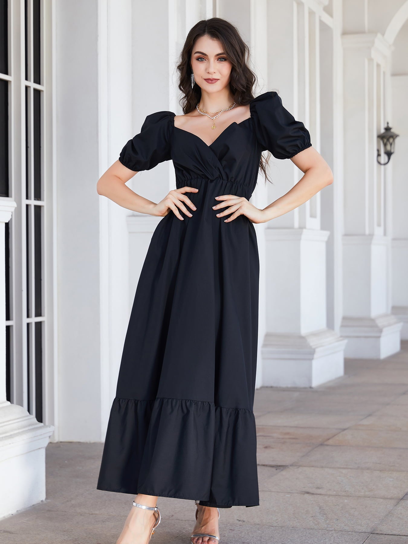 surplice neck ruffle hem balloon sleeve maxi dress