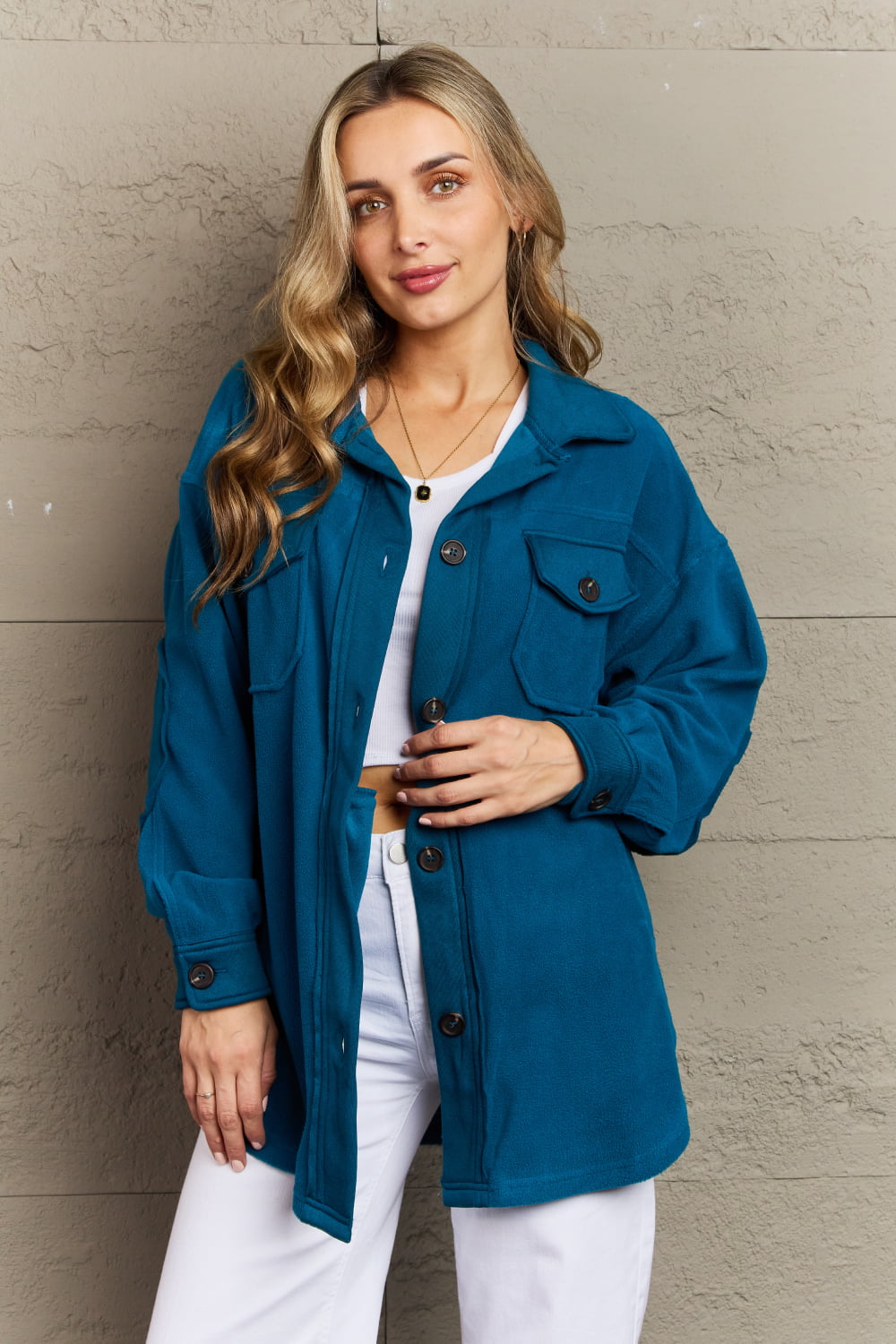 zenana cozy in the cabin full size fleece elbow patch shacket in teal