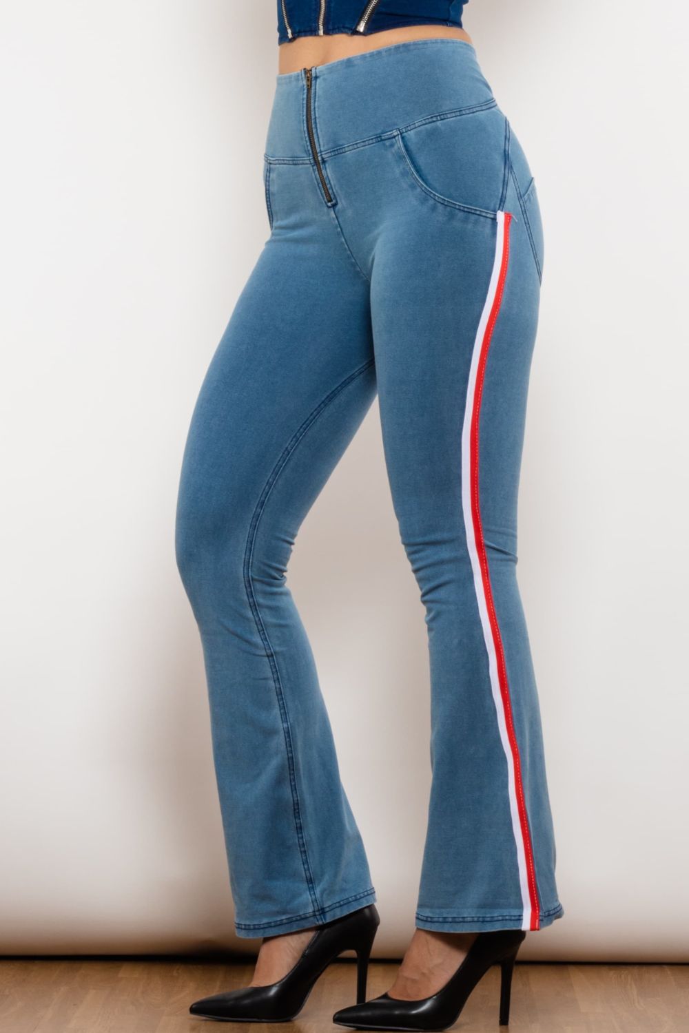 side stripe zip closure bootcut jeans