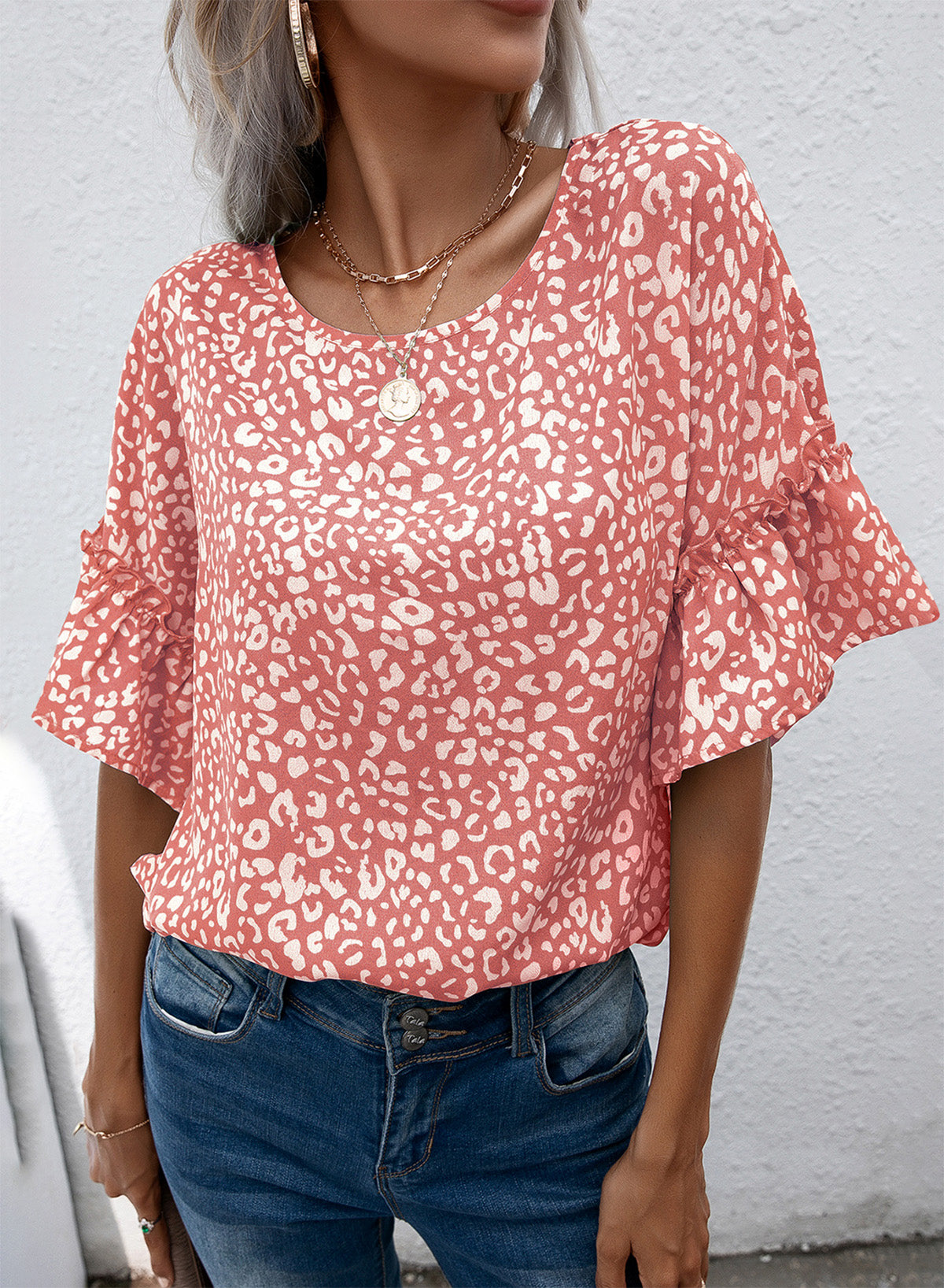 leopard round neck frill trim blouse