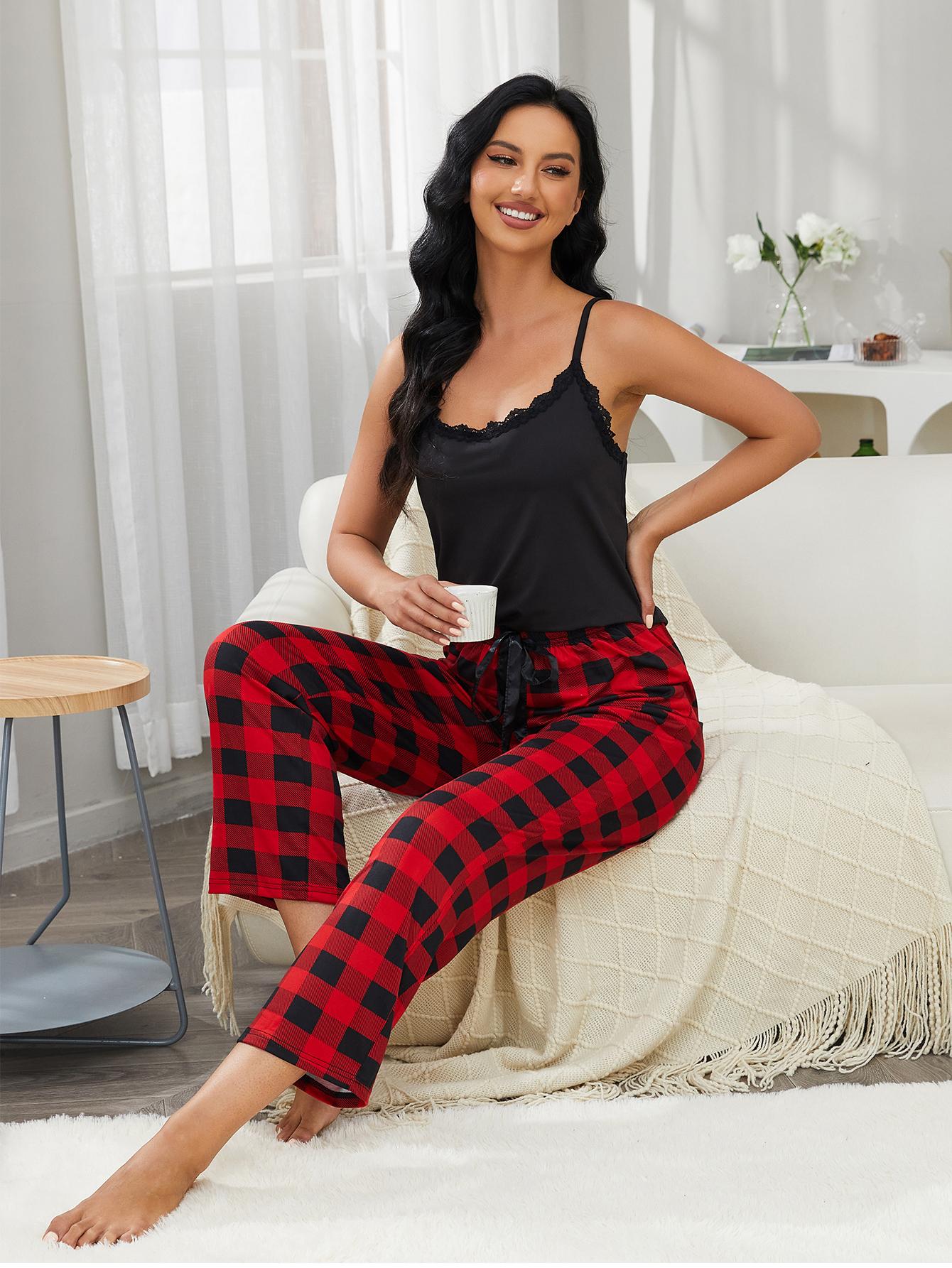 lace trim cami and plaid pants lounge set