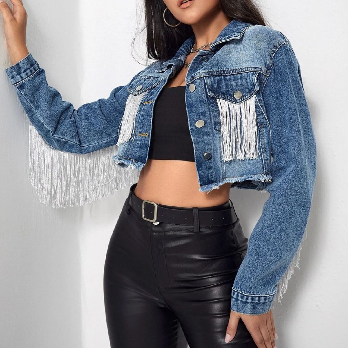 fringe detail long sleeve cropped denim jacket