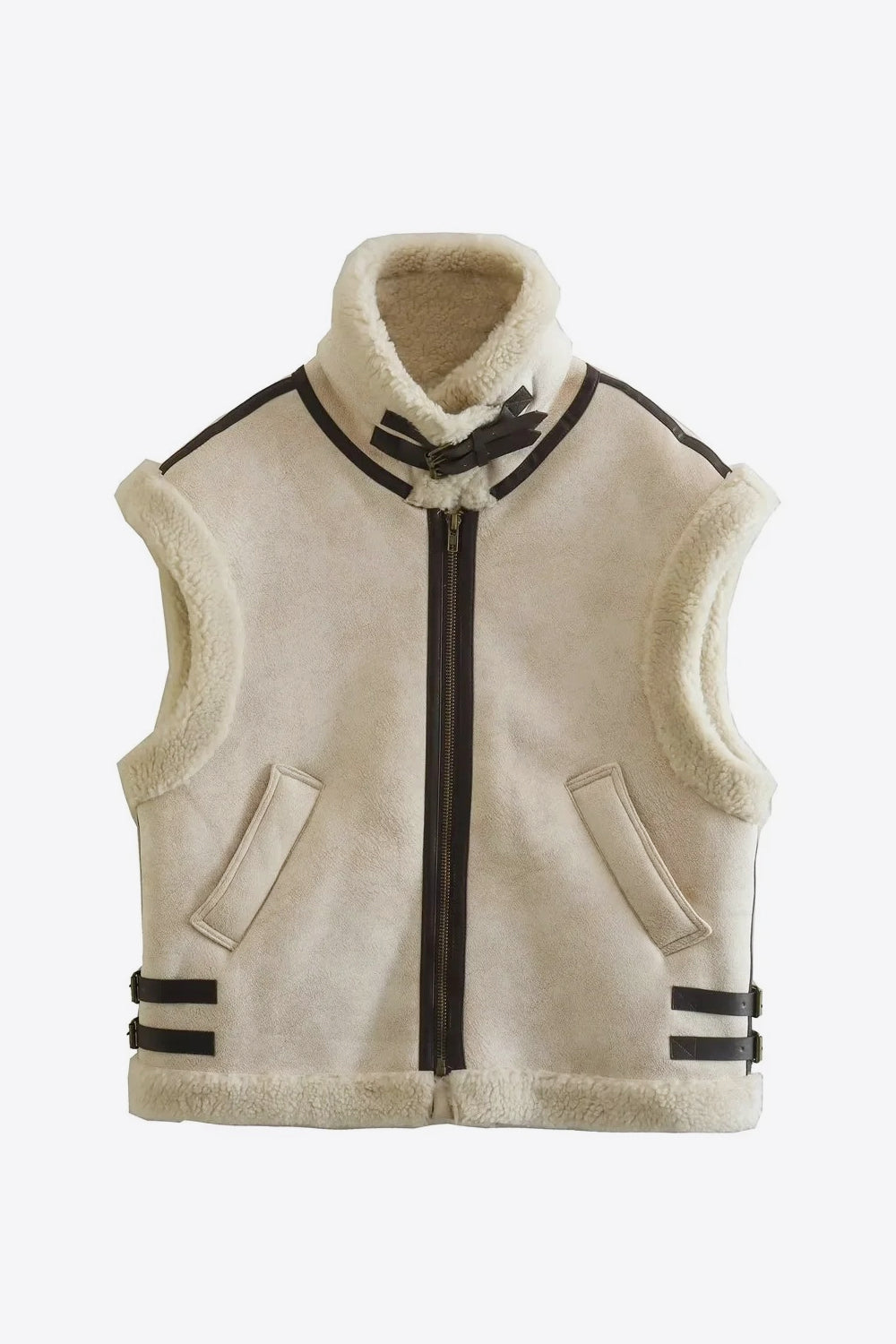 collared zip-up suede sherpa vest