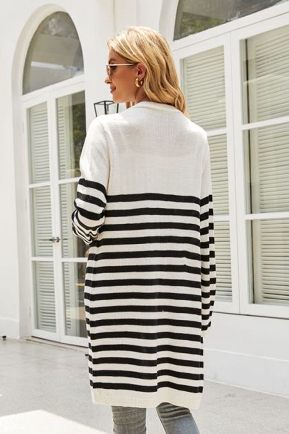 striped open front longline cardigan