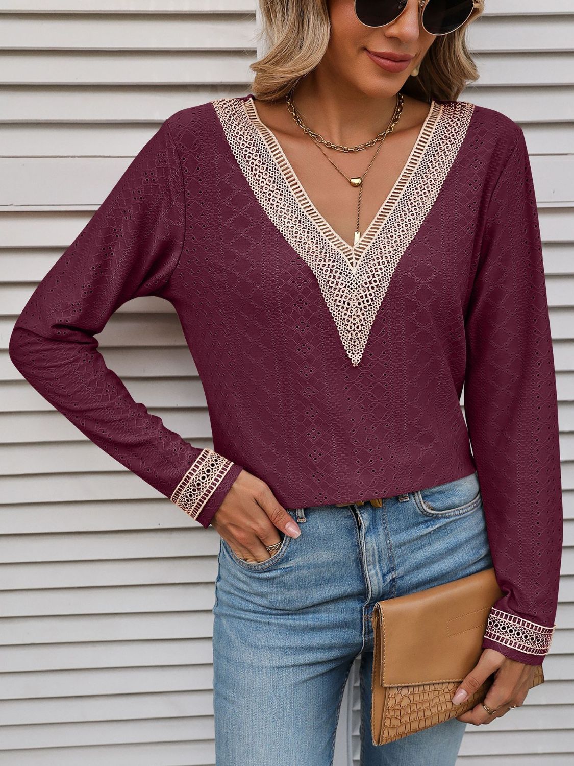 double take contrast v-neck eyelet long sleeve top