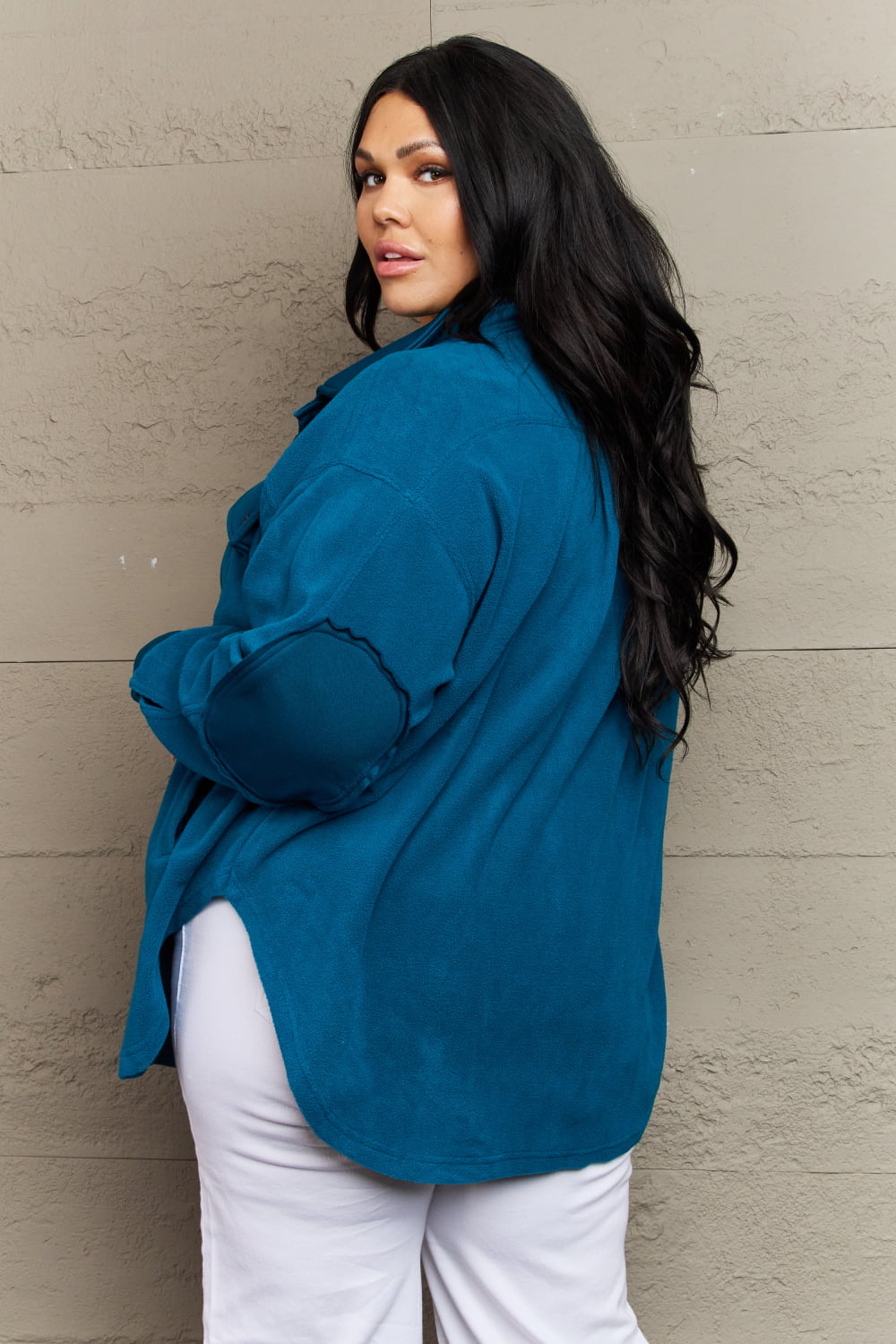 zenana cozy in the cabin full size fleece elbow patch shacket in teal