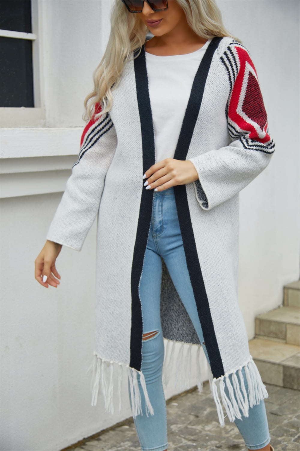 double take geometric fringe hem open front duster cardigan