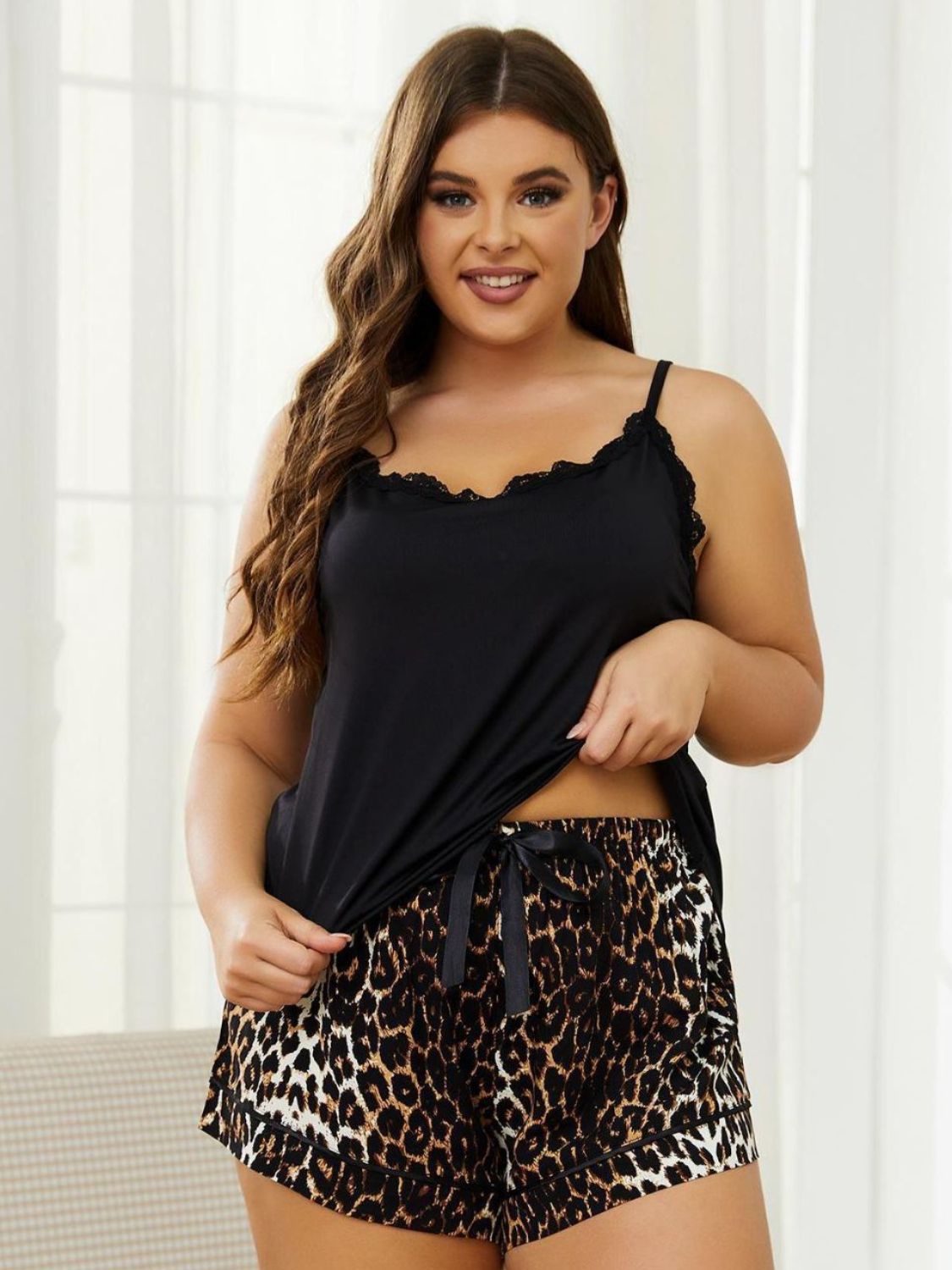 plus size lace trim scoop neck cami and printed shorts pajama set