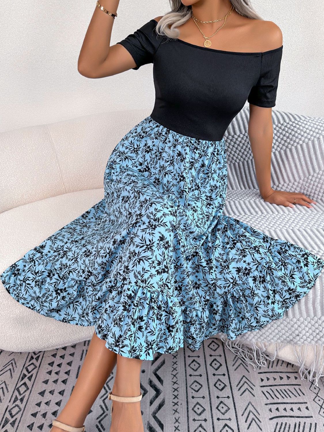 printed off-shoulder ruffle hem dress